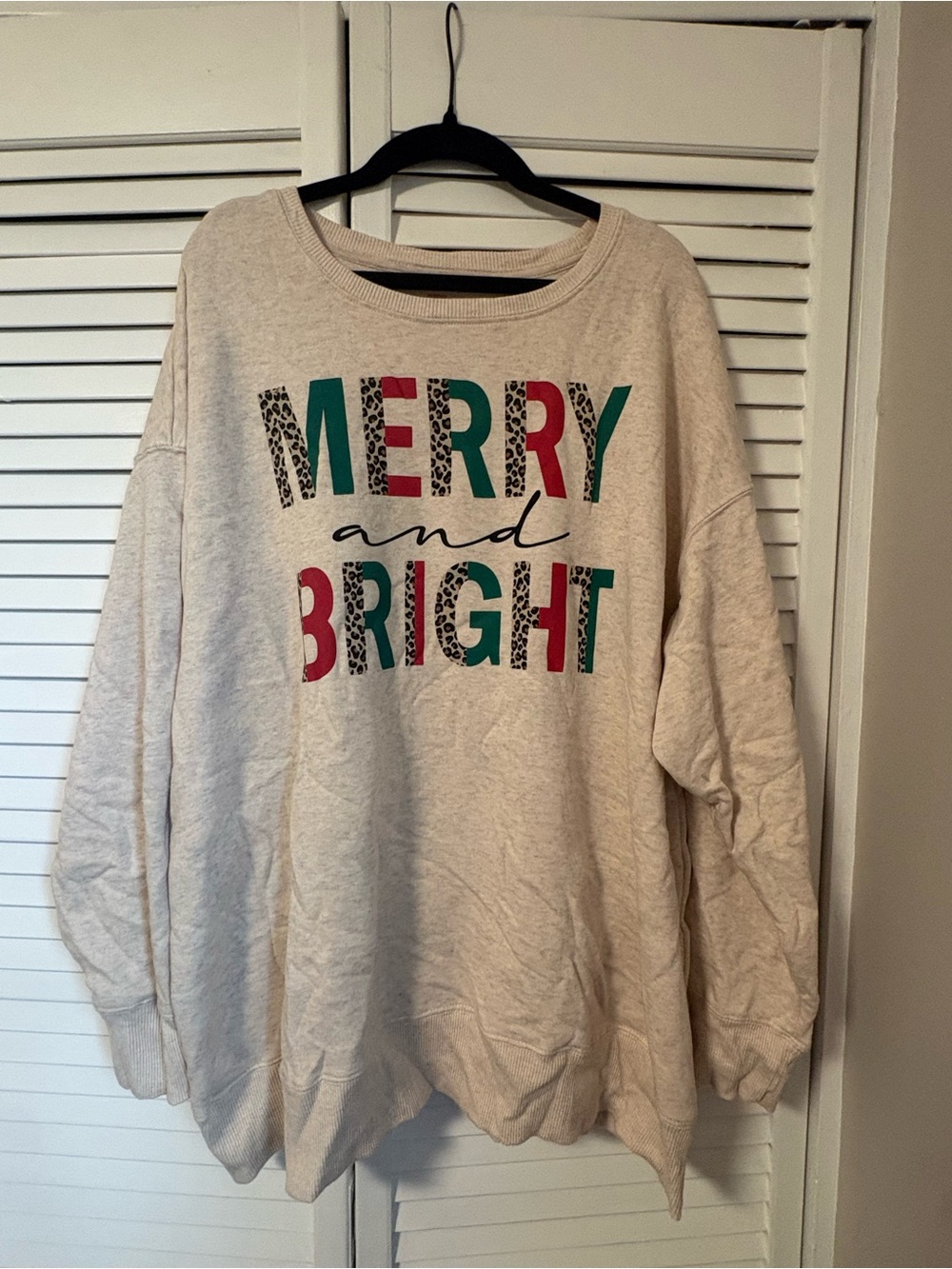 Holiday Time Cream "Merry and Bright" Leopard Accent Sweatshirt